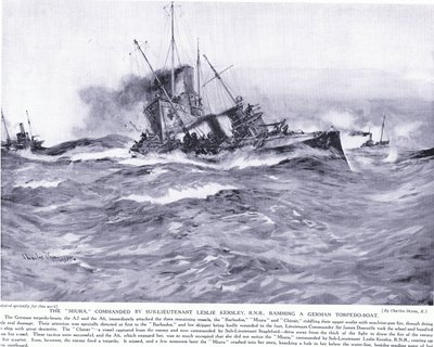 Th Miura commanded by Sub Lieutenant Lesley Kelsey RNR ramming a German Torpedo boat, October 1914 by Charles Edward Dixon
